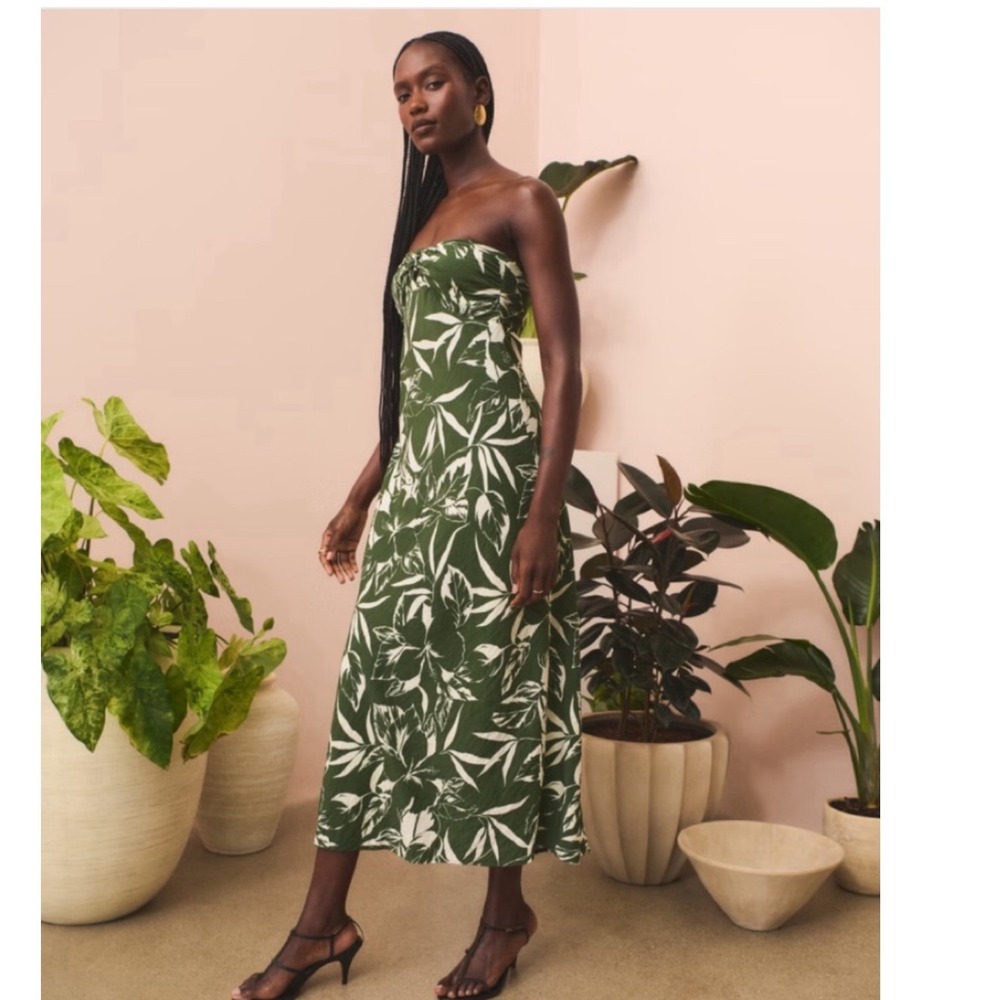 Strapless Green Botanical Midi Dress